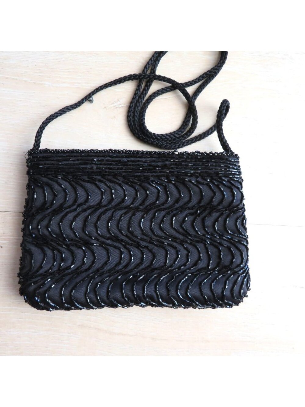 Hand Made Black Beaded Evening Bag Wavy Pattern Braided Strap Carla Marchi VTG
